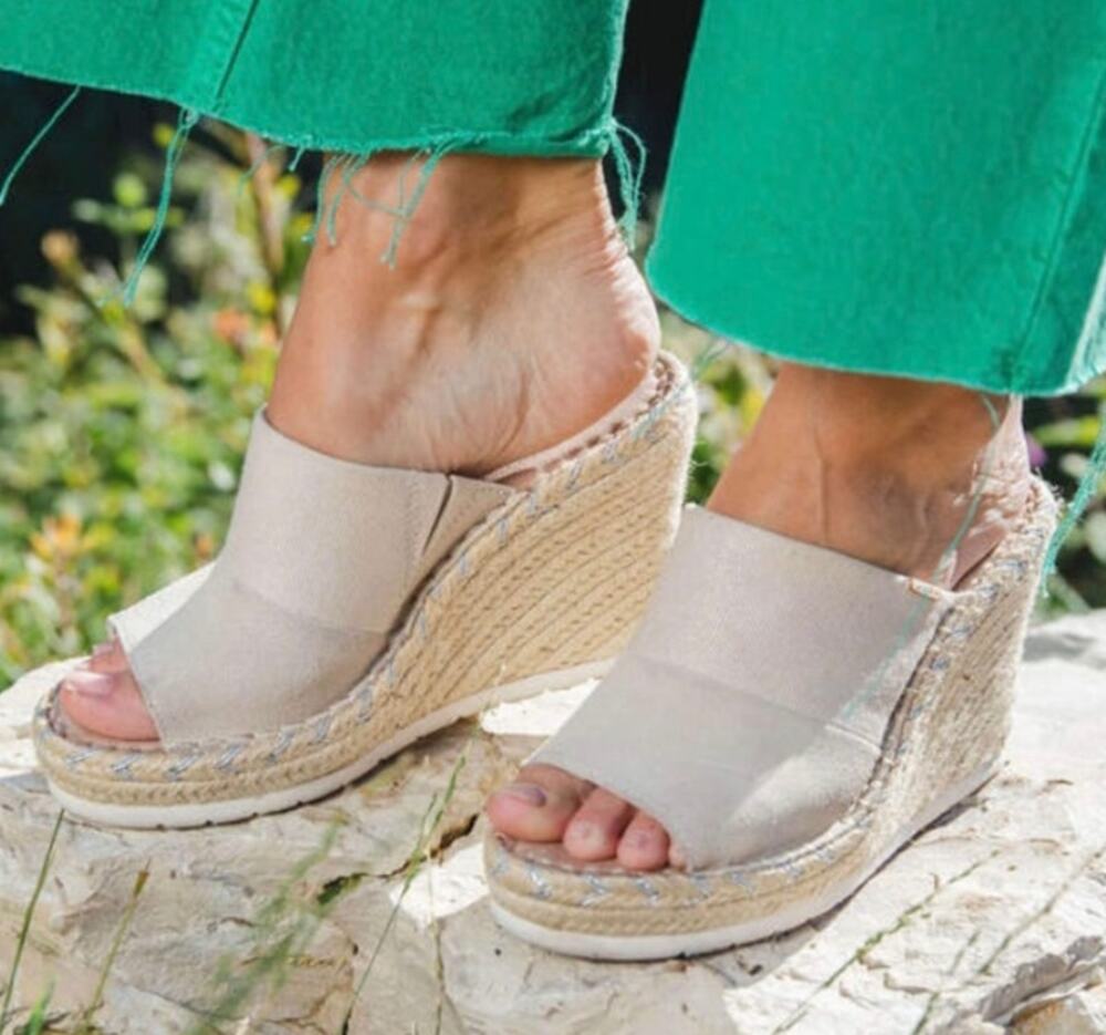 TOMS Monica Mule Espadrille Wedge Sandals Slide Canvas Suede Open Toe Platform